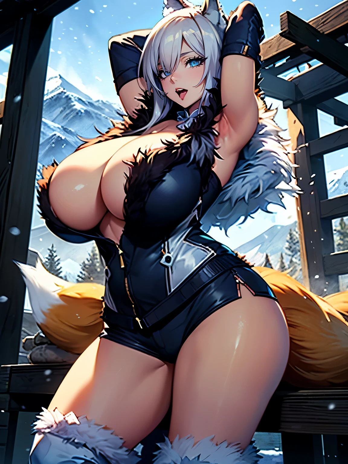 ((Seductive lady:1.3, solo:1.2))、((fusion of fox and lady:1.5))、((animal ear:1.3))、((winter mountains background:1.4))、((outdoor))、((snowing:1.3))、((blizzard:1.3))、((fur clothes:2))、((fur boots:1.2))、((Sexual arousal face:1.4))、open mouth、((arms behind head:1.5))、arched back、((highleg shorts、fur))、((sleeveless:1.3))、((curvy thighs))、((cameltoe:1.3))、((huge breasts:1.4))、((huge hip:1.2))、((Glossy realistic skin texture:1.2))、((shiny skin:1.2))、((Meticulously drawn hands))、perfect anatomy、masterpiece, ultra-detailliert, 8k, hiquality, Top image quality, Smooth texture、Sharp Focus, watercolor