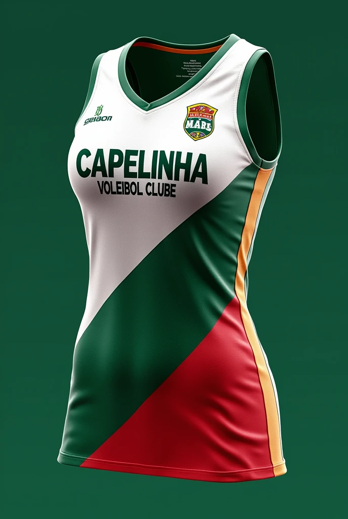 Women's volleyball uniform with the name CAPELINHA VOLEIBOL CLUBE in green, white and red.