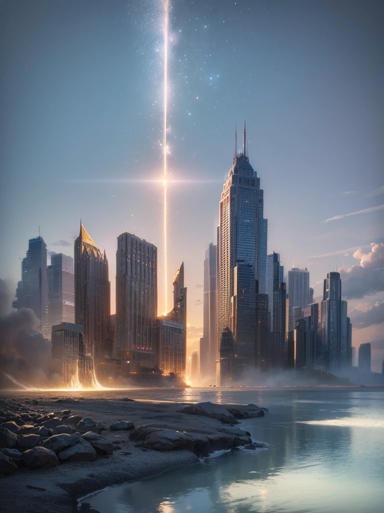 (8k, highest quality, masterpiece, final fantasy style: 1.2), (unRealistic, photoRealistic: 1.37), bright sunny day ,Dreamy landscape, Fantasy, Unsurreal landscapes, Super detailed, Flying Castle, Floating Island in the Sky, Seven-colored swirl of light, Intense lightning, milky way, Complex Light, Colored light, Large Lake, Starry sky reflected on the lake surface, Countless shining stars, Meteors,  Reflections , (A pillar of light emanated from the ground:1,2), roses and orchids gardens , sunset, pink clouds, waterfalls in the sky, realistic style, Hyperrealism drawing, a flying pirate spaceship floating at the clouds level, burning skyscrapers, cyborgs, timeless realms, stunning  princess  , floating hair, pink lipstick, cute, naked shoulders ,  casting spell, healing light magic effect, in a magical lagoon of the fairyland, crystal clear water surface reflections, sharp focus, looking at viewer, (close-up:0.9), (bright white theme:1.2), (bright white tone:1.2), (deep blue tone:1.3), realistic, Hyperrealism,