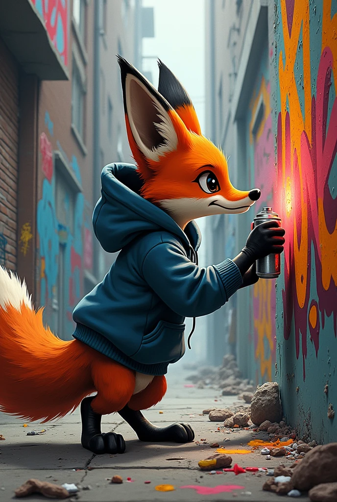 A fox in a hoodie doing graffiti 