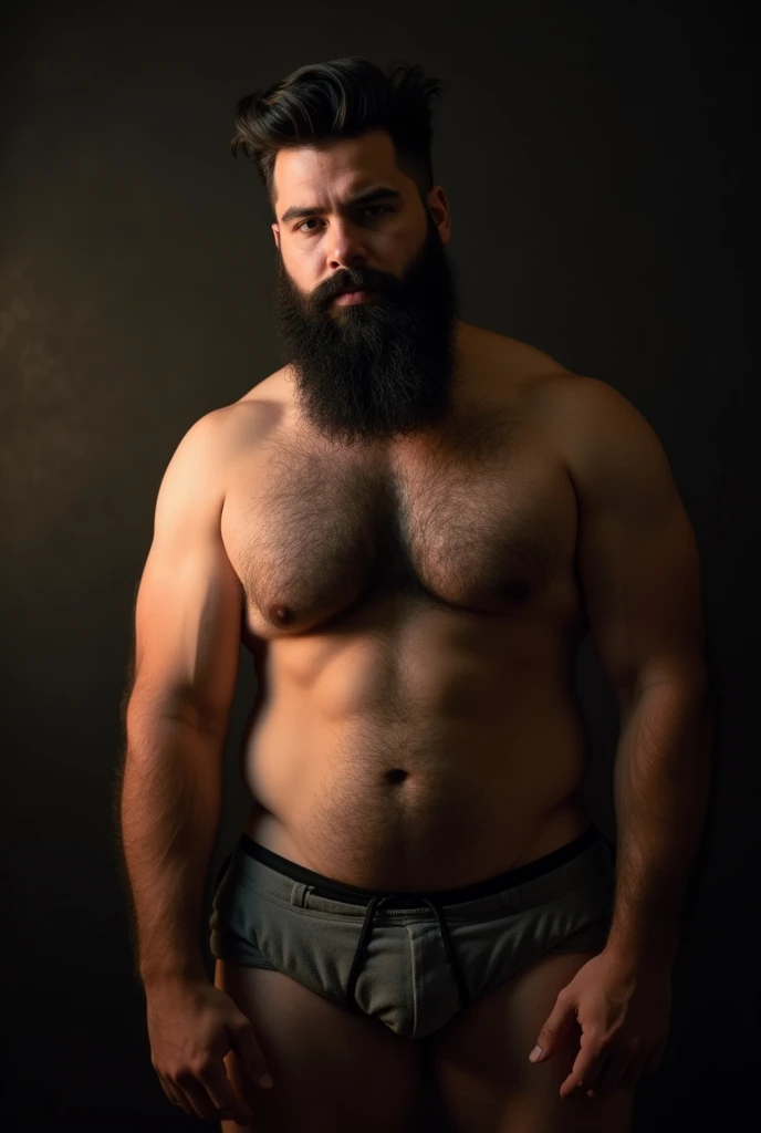 a handsome ((chubby)) bearded gay man with black bushy hair, naked, hair at pecs, hair at belly, hair at shoulders, hair at arms, hair at legs, dramatic lighting, sensual gay photography, (best quality,4k,8k,highres,masterpiece:1.2),ultra-detailed,(realistic,photorealistic,photo-realistic:1.37),high quality,intricate details,cinematic lighting,moody atmosphere,dramatic shadows,warm tones,sensual pose