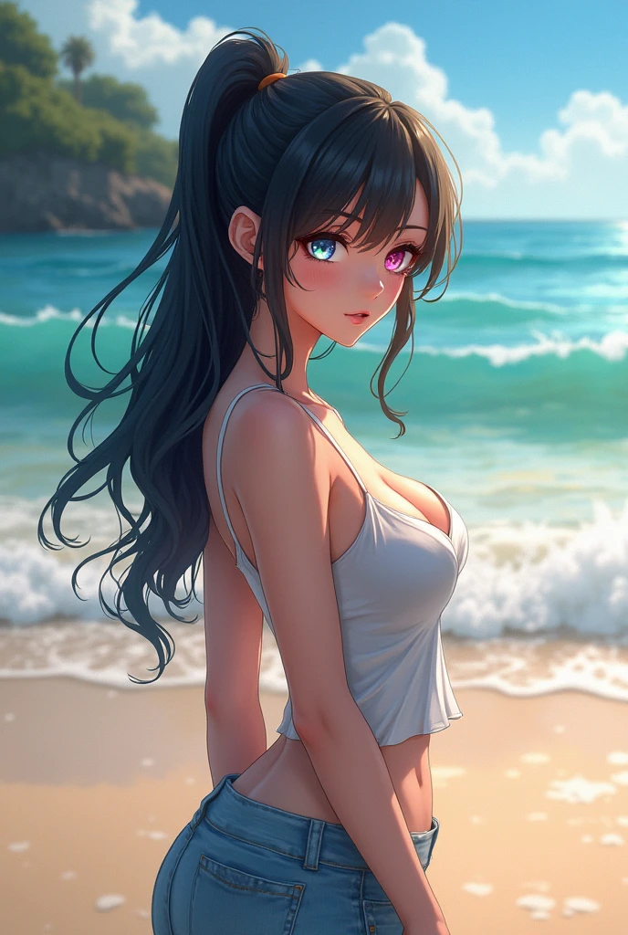 anime, Uma mulher na praia com seios grandes e olhos de cores diferentes COM A COR DOS OLHOS DIFERENTE EM VIDEO