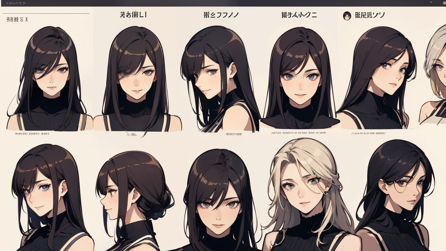 Anime Color, 2D, masterpiece, Highest quality, Highest quality,、((masterpiece, Highest quality)), Detailed face, Character Sheet, Full Body Lesbian, One person ,show,Mature Woman、cool、 Long and fine hair, Hair between the eyes、 Full of details, Various poses and expressions, Very detailed, depth, Many parts, cute, smile, Front view, Rear view, Side view, Eight poses, smile, smile, cry
