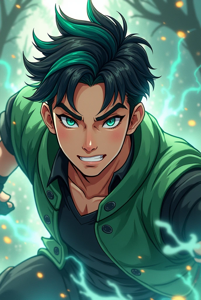Black hair, male, green-blue highlights, green-blue eyes, Chinese webtoon hero, round face, fair skin