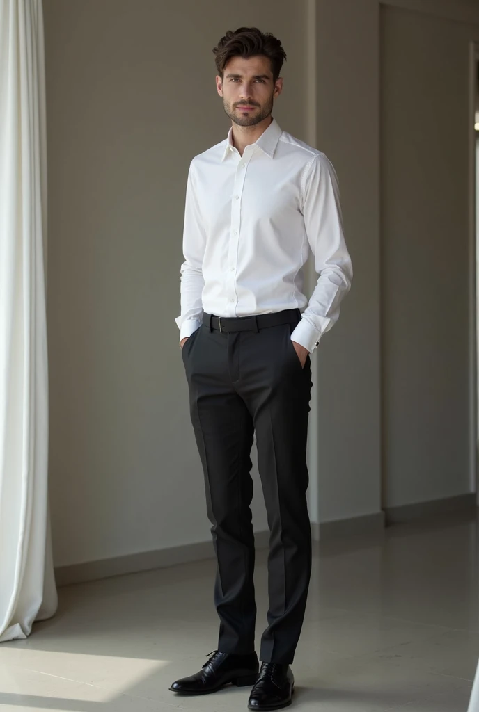 arafed man in a white shirt and black pants standing in a room, tailored clothes, grey pants and black dress shoes, high fashion masculine appeal, Formal dress, Slim man with white skin, dark hair, handsome male, male proportions, beautiful and elegant, black suit pants, male model, model posing, with a business suit on, beautiful and attractive