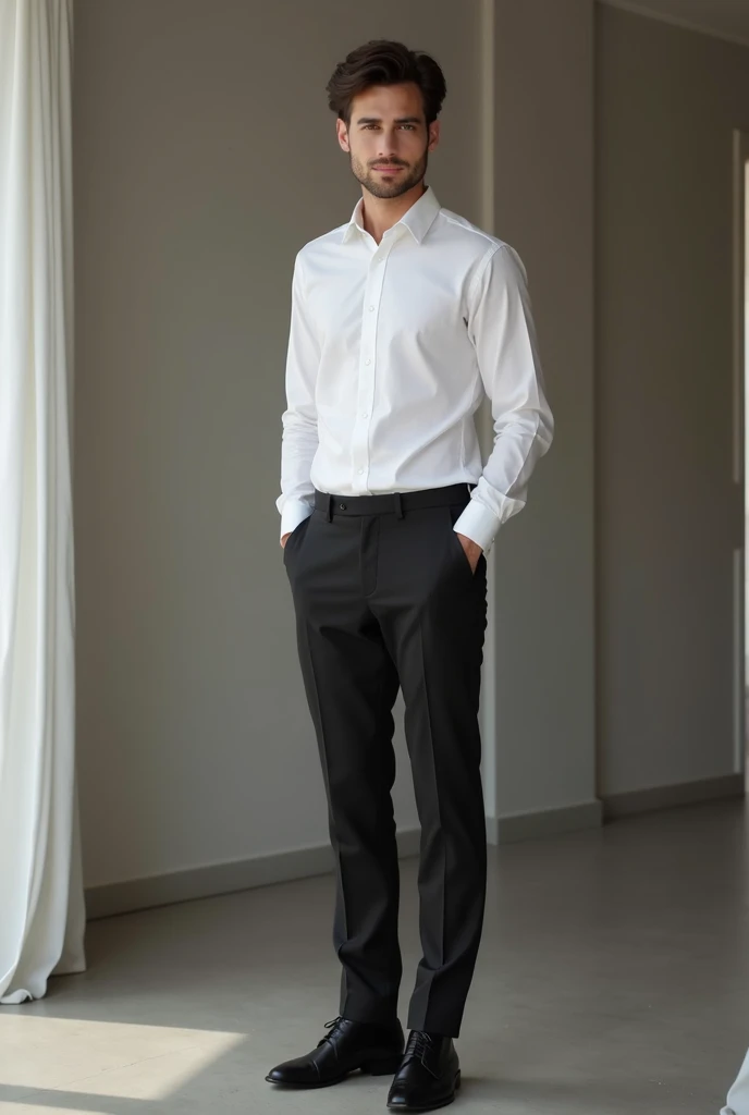 arafed man in a white shirt and black pants standing in a room, tailored clothes, grey pants and black dress shoes, high fashion masculine appeal, Formal dress, Slim man with white skin, dark hair, handsome male, male proportions, beautiful and elegant, black suit pants, male model, model posing, with a business suit on, beautiful and attractive