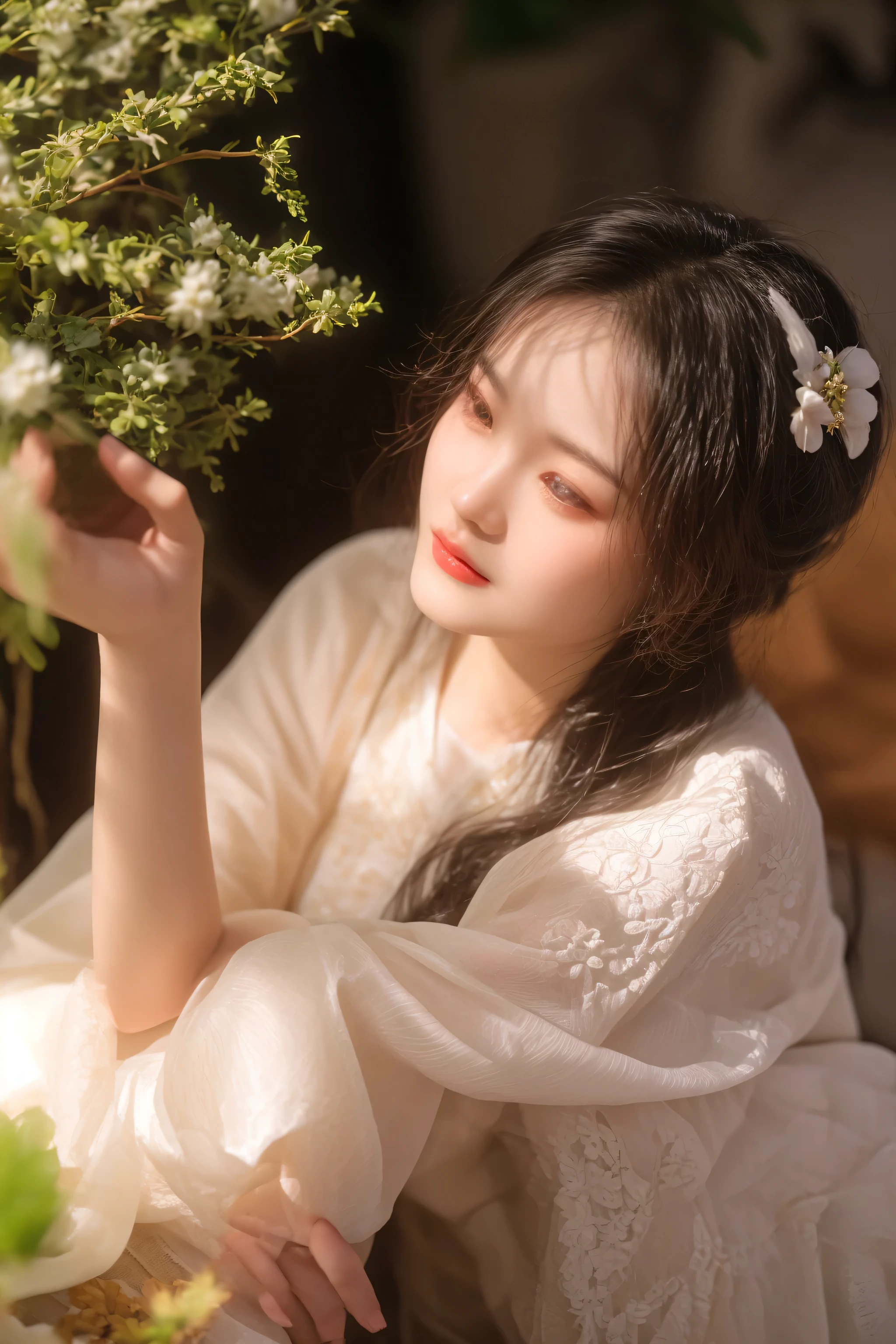 there is a woman that is holding a plant in her hand, palace , a girl in hanfu, white hanfu, ethereal beauty, inspired by Huang Ji, portrait shot, inspired by Tang Yifen, ethereal and dreamy, dreamy and ethereal, hanfu, very ethereal, with ethereal light, a stunning young ethereal figure, inspired by Hua Yan, inspired by Dai Xi