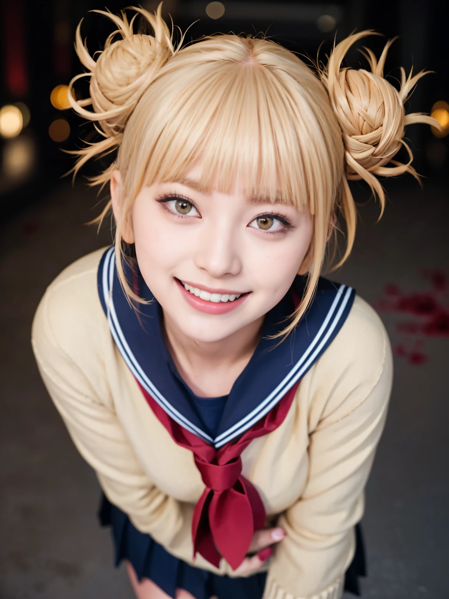 (beautiful japanese girl), (Highest quality,128k, masterpiece:1.55, photorealistic, hyperrealistic), 128k wallpaper,
BREAK (Shot with Canon EOS 5D Mark 4 and Canon EF Lens 85mm F1.2L lens, F value 1.2, ISO 50, shutter speed 64),
BREAK (beautifull, detailed face, detailed eyes), Ultra detailed face, Detailed lips, Detailed eyes, double eyelid, nsfw, 8k, 最High resolution, High resolution, masterpiece,
BREAK from below, pov, (leaning forward:1.3), Cinematic angle,
BREAK toga himiko, (smoky makeup:1.3),
BREAK Lean Body, Large Body, , height of 157 cm, (smile beam:1.5), (fang:1.5),
BREAK (blonde hair:1.3), (Blunt Bangs), double bun, sidelocks, sharp teeths, (yellow eyes:1.3),
BREAK school uniform, sailor collar, red neckerchief, slit pupils, cardigan, long sleeves, blue saillor collar, (deep blue pleated skirt), serafuku,
BREAK (dark alley),night,darkness,(blood splater:1.75),standing,full body,