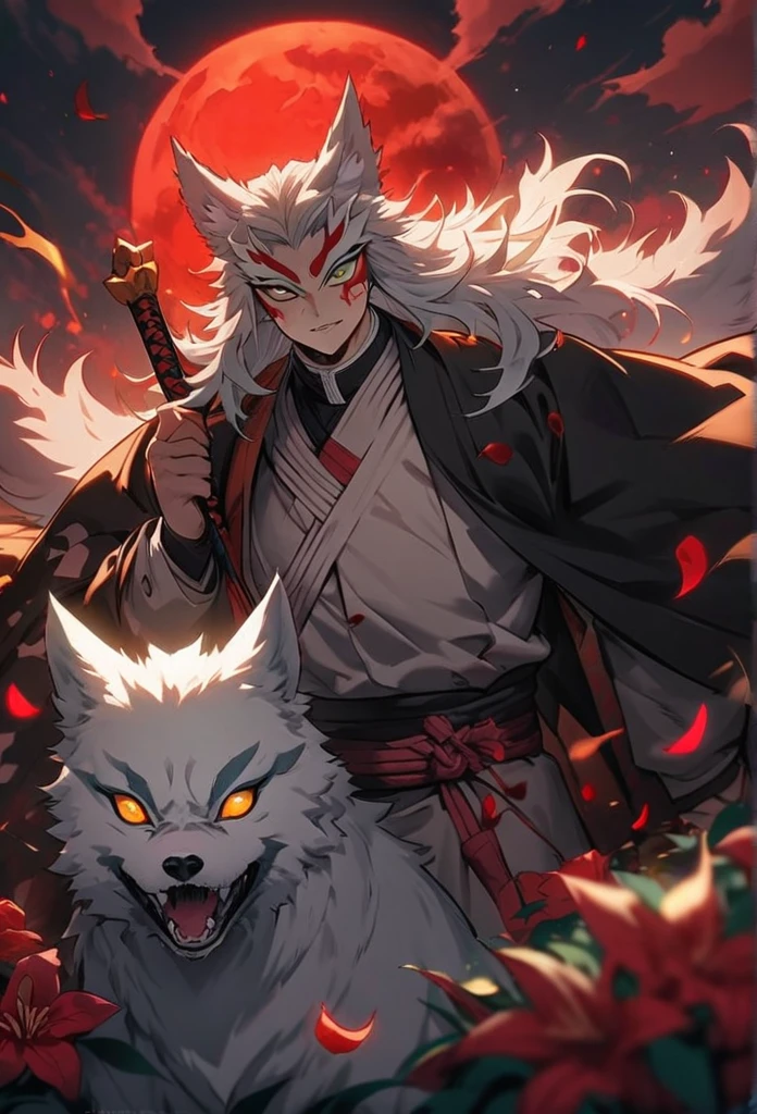 absurdrez, high resolution, super verbose, high resolution, Masterpiece artwork, very high quality, Rengoku Kyojuro second in command of a sword, Long white hair with green highlights, Olhos castanhos expressivos, Kimetsu no Yaiba, 1 person, bonitas, red petals, red lily, red moon, inflammation, (dark circles wolf)