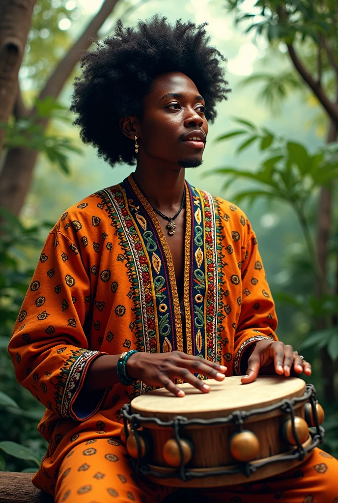 image of a mixed race griot with afro hair playing the tambourine