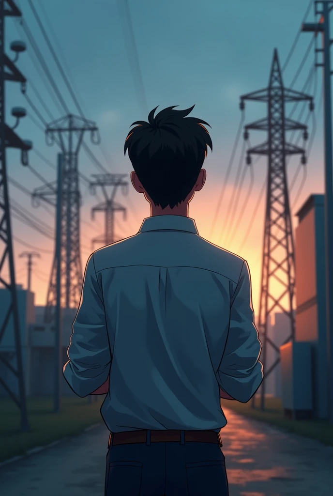 Photo of electrical engineer standing alone and thinking young man with power systems theme .show that he electrical engineer.and background theme like grid or power systems site or these thing in front of him and in photo you show the back of this person.ainimated photo.other.designs