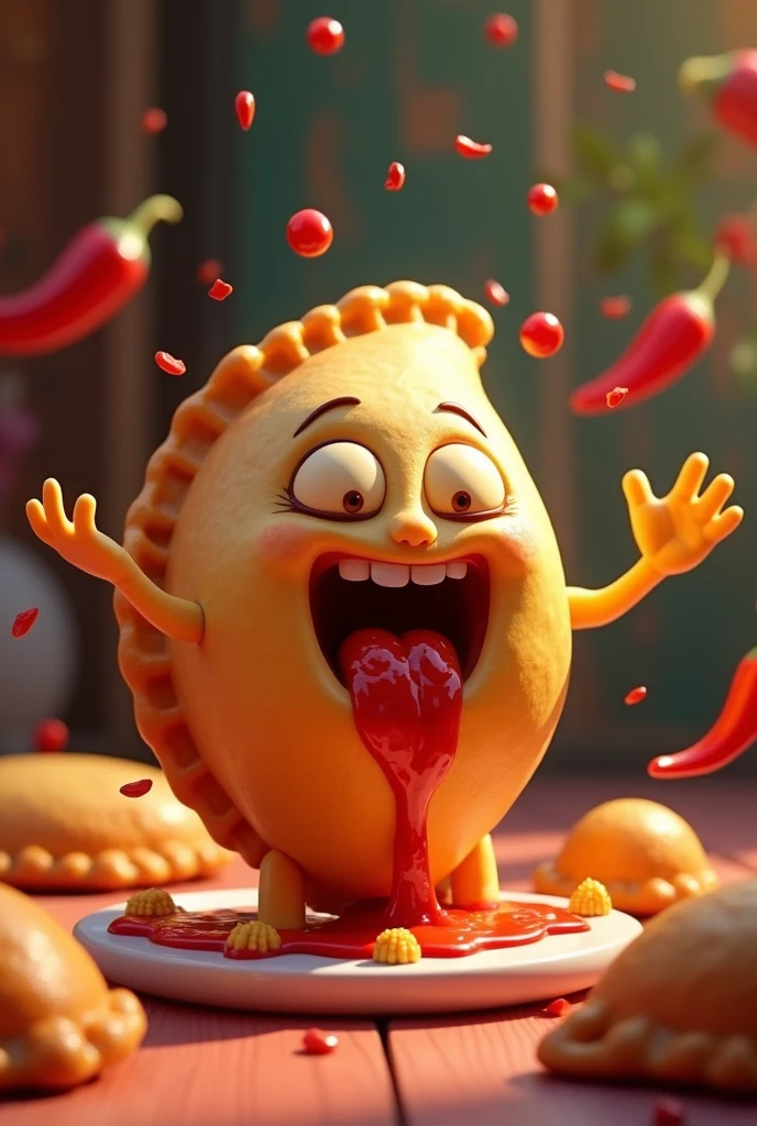 IMAGE OF AN EMPANADA WITH HANDS, EATING HERSELF,
PIXAR STYLE AND APPETIZING WITH SAUCES AND CHILI FLYING AROUND