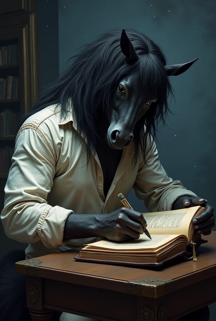 Centaur with the lower part of a dark-haired horse and the upper part of a human, wearing an old white shirt making notes in an old book under the night sky.
