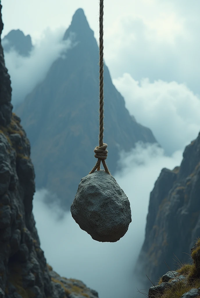 drawing of a rock hanging from a rope from a mountain