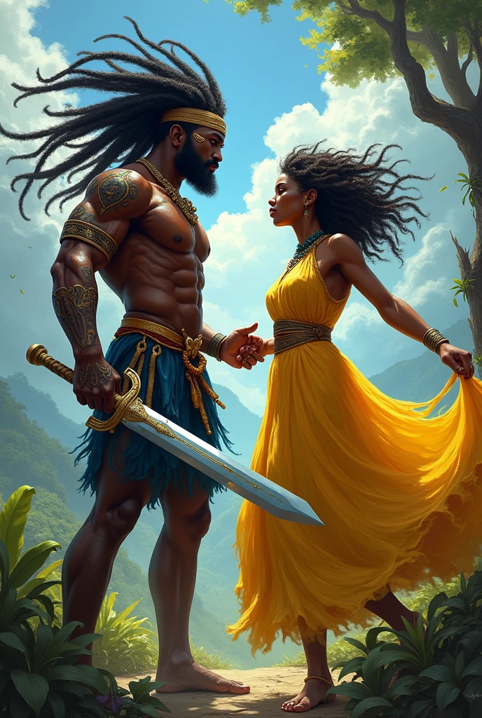I want a drawing of Ogum Matinata with Iansã wearing yellow clothes