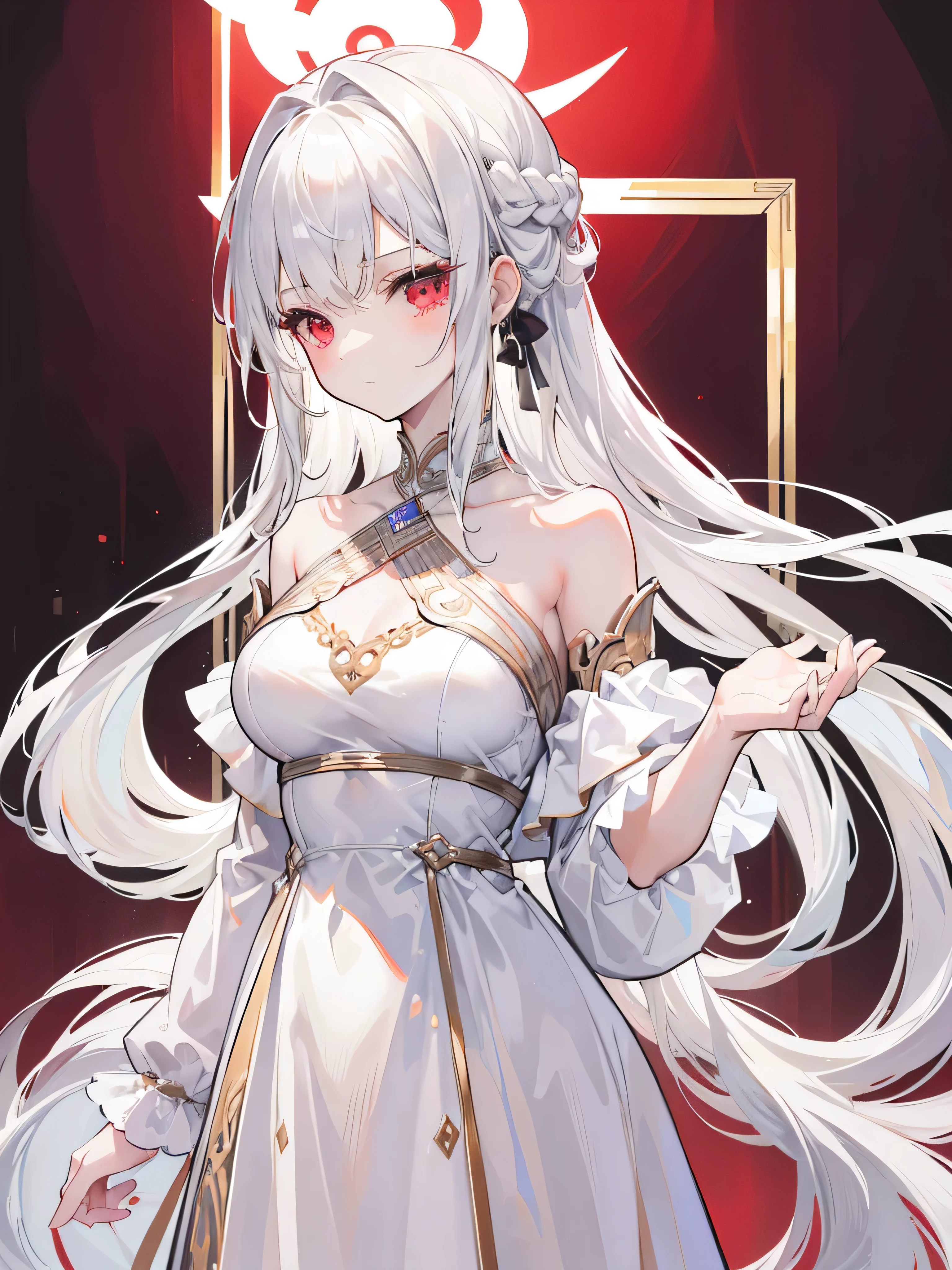 (bestquality, masterpiece), (An elegant girl , 1girl , solo, "beige and silver Dress ", off-the-shoulder, standing, looking at the audience, "White Hair", Very Long-haired,"Plait, Long tied white hair", red eyes, closed mouth ), (white background)