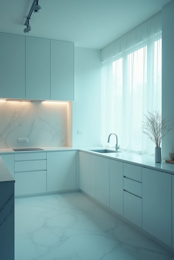 a dreamy white kitchen, foggy, soft focus, cool lighting, muted pastel colors, glowing atmosphere, dramatic shadows, cinematic composition, dream-like quality, ethereal, romantic, soft focus photography, blue hour, midnight, windy, white marble, whimsical, hazy, ethereal, gloomy, solitude
