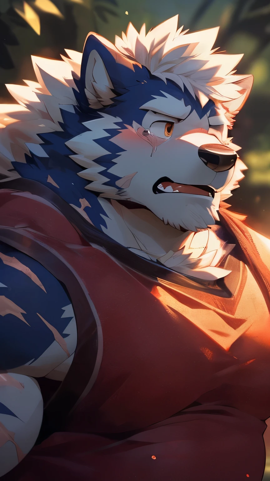 human nature, wild animals, male, 36 years old,uncle,solitary, ((Round Face, The face is plump, Orange Eyes, Thick white hair,Scars)), ((Endomorph, Handsome,Hot Blood)), (Mecha suit,no electricity,exhausted), ((domestic white wolf, Wolf Orc) Fluffy fur, Fluffy, White Stripes), (wolf print), Bokeh, (high quality, high resolution, masterpiece), (Dynamic Lighting, Vibrant colors), (Cry,Close your eyes,Lots of tears,blush), Detailed teeth, Full body pictures (Vision), cartoon, author:Takemoto Arashi, From Zixiong, author:Chunni, author:Ethereal,(background:Rainforest)