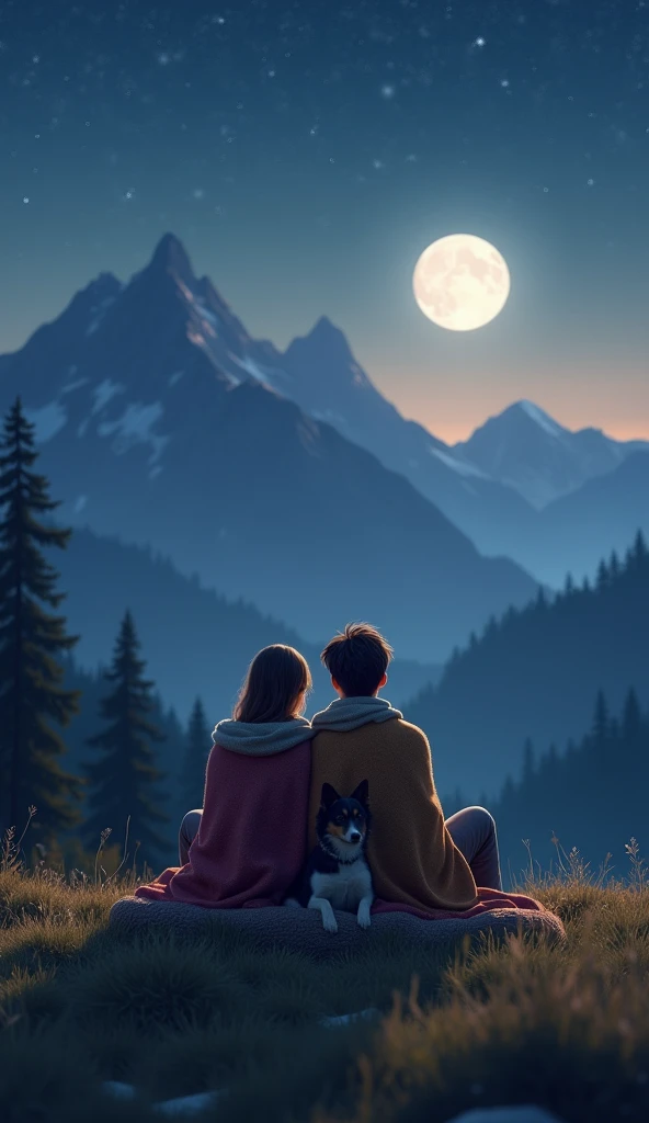 "Create a photorealistic scene of a peaceful nighttime mountain view. A young man and woman sit close together on a grassy hilltop, wrapped in blankets, with a serene, cozy atmosphere around them. A soft, warm light casts gentle shadows, illuminating their faces as they gaze at the bright full moon in the sky. A loyal dog sits beside them, looking content and calm. In the background, towering mountains rise against a starry night sky. The overall mood is tranquil and intimate, with the soft glow of the moonlight enhancing the natural beauty of the moment."