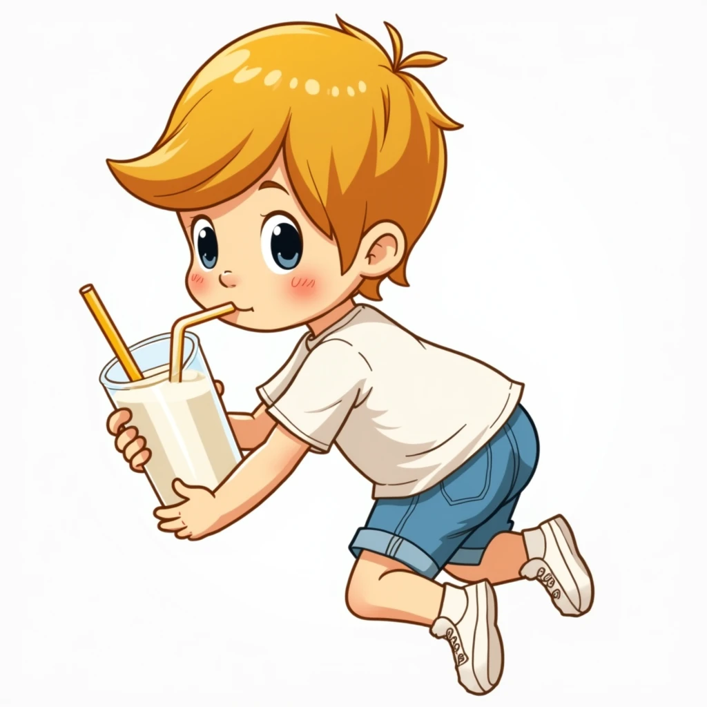 children's book illustration of a 4 yo boy drinking a milk shake