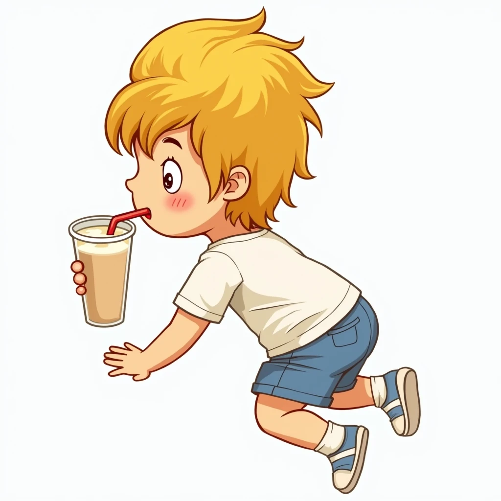 children's book illustration of a 4 yo boy drinking a milk shake