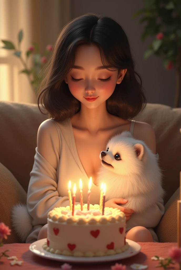 The woman is sitting on the sofa with a small white Pomeranian crawling on her lap, in front of a birthday cake, Making a wish for birthday cake, Celebrating Her Birthday, she is about , Caucasian skin, Delicate facial features