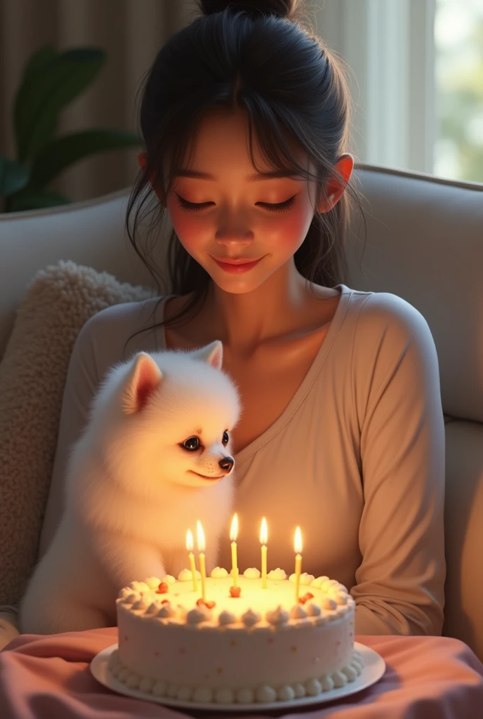 The woman is sitting on the sofa with a small white Pomeranian crawling on her lap, in front of a birthday cake, Making a wish for birthday cake, Celebrating Her Birthday, she is about , Caucasian skin, Delicate facial features