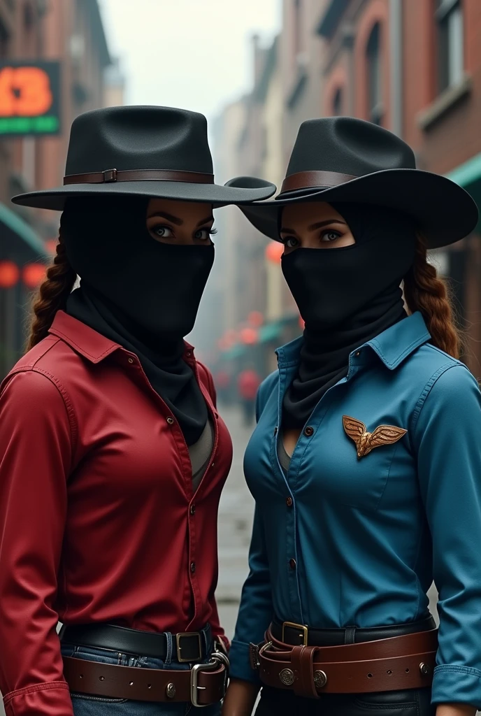 Two roblox game bandit characters in mask without hat with red and blue white blouse