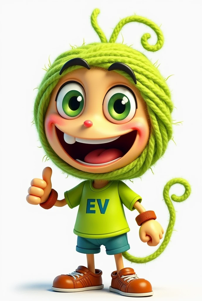 U type socket shape, male with pins, wearing a fluorescent green shirt with EV written on it, giving thumbs up with big green eyes and a wide happy smile body is a roll of yarn