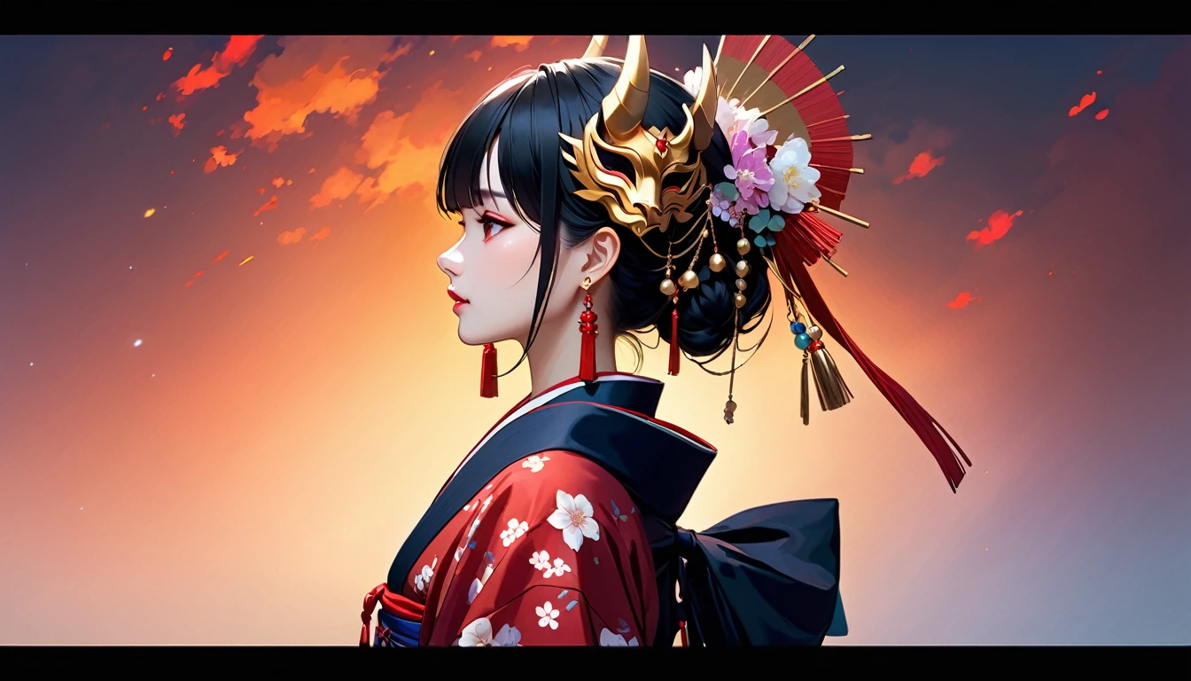 oniNFT, 1girl, solo, black hair, jewelry, earrings, mask, red eyes, japanese clothes, letterboxed, kimono, profile, mask on head, floral print, from side, horns, tassel, hair ornament