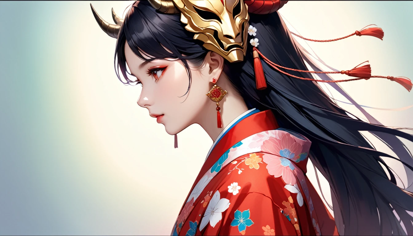 oniNFT, 1girl, solo, black hair, jewelry, earrings, mask, red eyes, japanese clothes, letterboxed, kimono, profile, mask on head, floral print, from side, horns, tassel, hair ornament