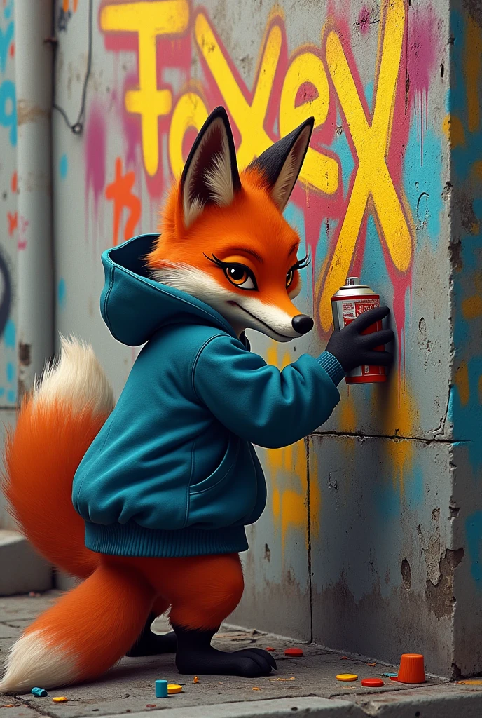 A fox with a hoodie making a graffiti that says foxey