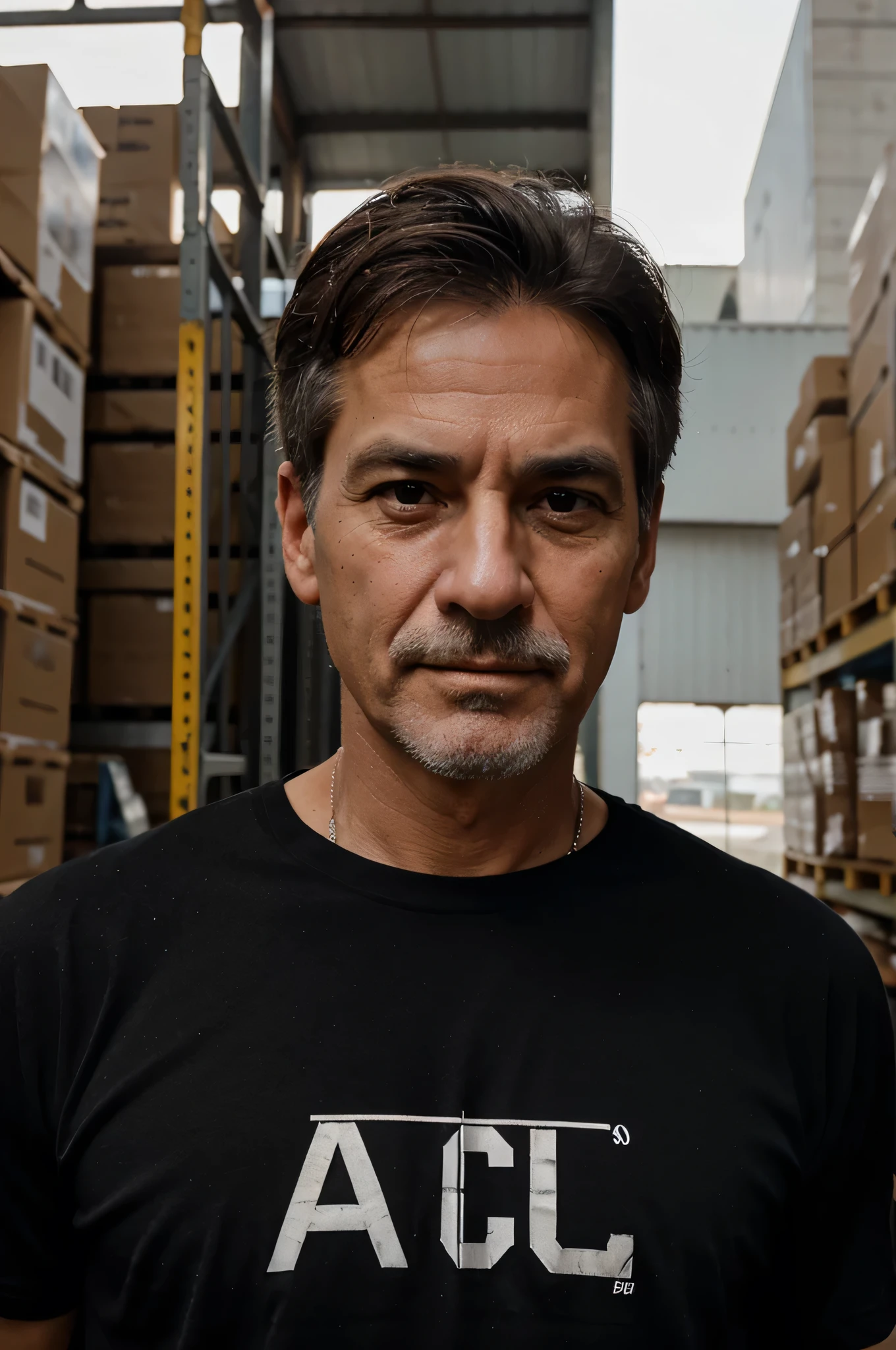 create a close-up front camera of 30 years American Oldman working as spokesperson, wearing a black T-shirt and there is a warehouse in the background
