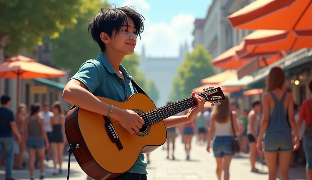 young handsome asian teenage 18 year old, black neat messy hair,  street musician, playign guitar on the street Terazije, Belgrade, 20 years old, summer time, many people listening his playing