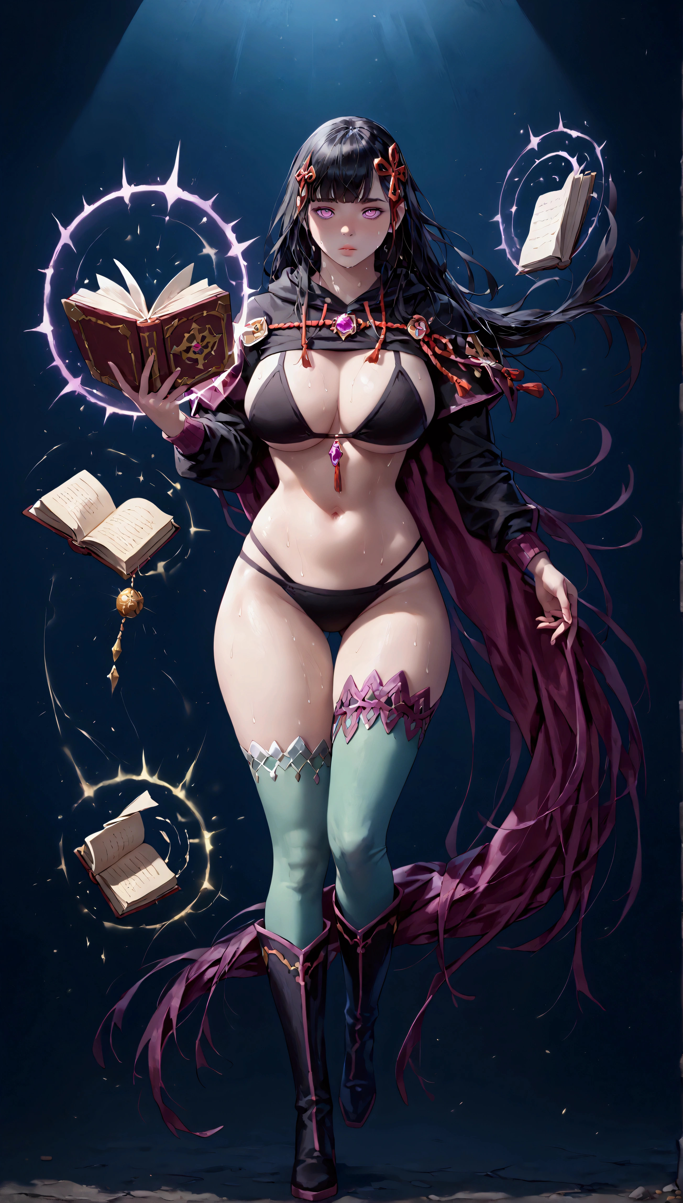 score_9, score_8_up, score_7_up, score_6_up, uncensored, yamahsiro ren, black hair, long hair, bangs, hair ornament, purple eyes, BREAK detailed eyes, perfect face, anatomically correct, detailed skin texture, (blush:0.5), (goosebumps:0.5), subsurface scattering, Anime Style, Manga Style, Hand drawn, cinematic, Sharp focus, humorous illustration, big depth of field, Masterpiece, concept art, trending on artstation, Vivid colors, Simplified style, trending on ArtStation, trending on CGSociety, Intricate, Vibrant colors, Soft Shading, Simplistic Features, Sharp Angles, Playful, excessive sweating, sweating profusely, sweating drop BREAK, 1girl, solo, breasts, looking at viewer, large breasts, huge breasts, full body, thighs, boots, groin, book, thigh gap, gem, floating, wide hips, open book, magic, floating object, bare hips, messy room, paper, spotlight, (fantasy illustration:1.3), depth of field, cropped hoodie, black bikini, long sleeves, floating book, gesugao
