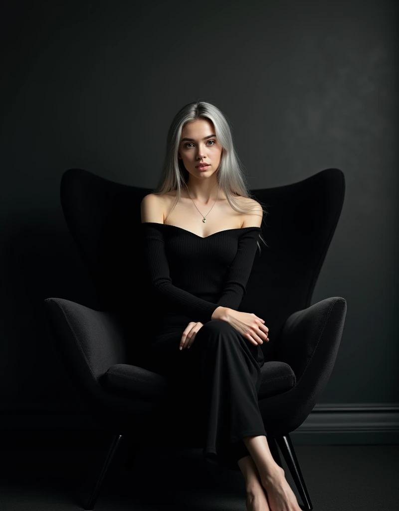 Girl sits elegantly on modern black soft chair, looks straight, Sits up straight, Against the background of a dark room, black off shoulder top, light gray long hair, good lighting, realistically, photo, (Best quality)