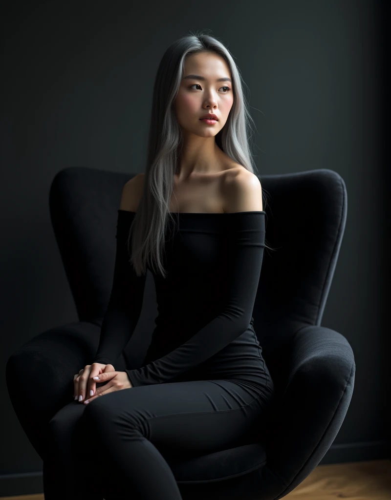 Girl sits elegantly on modern black soft chair, looks straight, Sits up straight, Against the background of a dark room, black off shoulder top, light gray long hair, good lighting, realistically, photo, (Best quality)