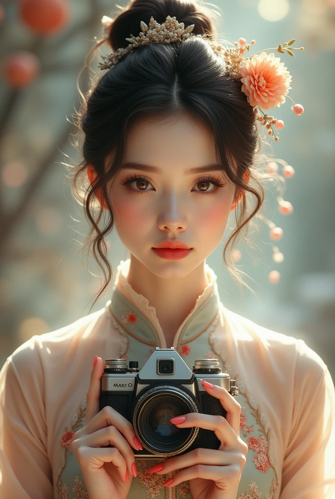 1girl, cowboy camera, Chinese dress, intricate detailed dress, beautiful detailed eyes, beautiful detailed lips, extremely detailed face and features, long eyelashes, elegant pose, natural lighting, cinematic lighting, dramatic lighting, ethereal, soft colors, pastel colors, fantasy, digital painting, concept art, high quality, 8k, hyper detailed, masterpiece, photorealistic