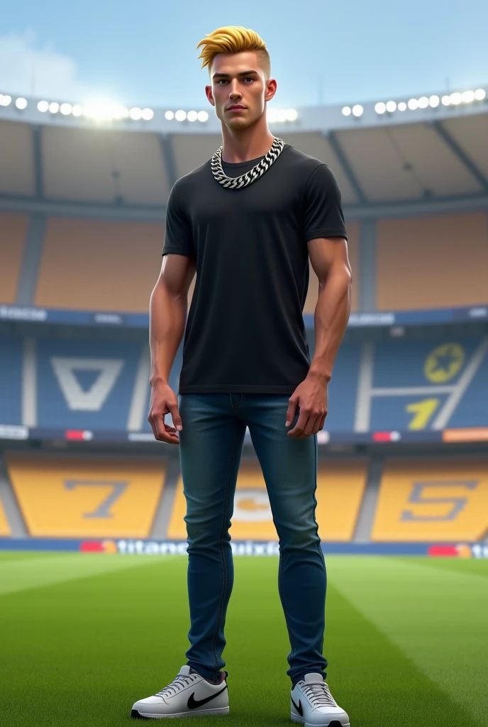 Create a realistic full-body avatar of a very slim, handsome man who looks younger, with very short yellow-blonde hair. The avatar should be clean-shaven with no facial hair (no beard or mustache). The avatar should have slightly darker honey-colored eyes, lighter eyebrows, a lean face with prominent cheekbones, and an elegant appearance. The character should be wearing a black t-shirt, a large Cuban silver chain, blue jeans, and Nike sneakers. The background should be the grass at Titanes Guixaró stadium, clearly depicting the iconic features of the stadium with the title 'Titanes Guixaró' visible. The full body from head to toe should be visible in the image, and there should be only one instance of the character in the image.