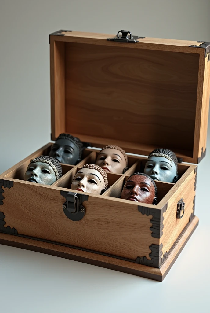 (photorealism:1.2), A wooden box that can hold five masks, out of which there should be only four masks and one mask should be empty.