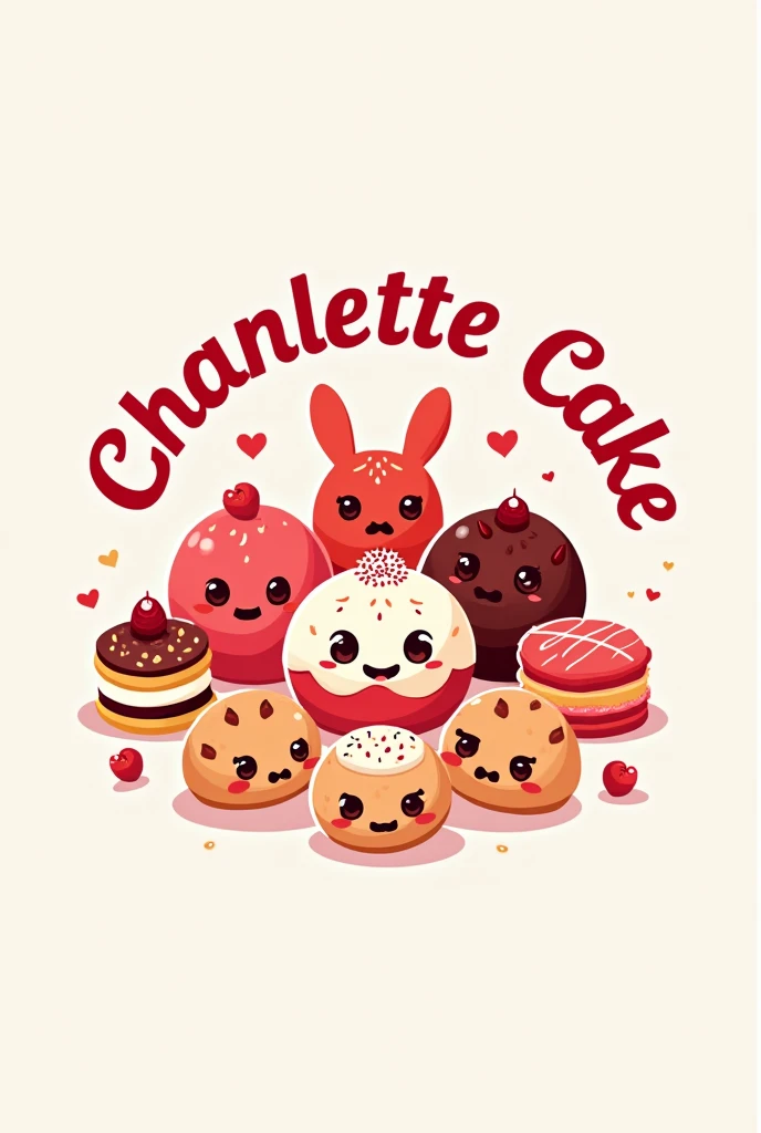 Generate a logo for a bakery called Charlotte cake in red tones , must have cakes, trufas e cookies, em forma de Cartoon, the name Charlotte cake should appear 