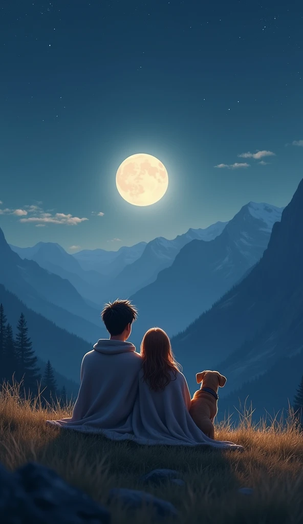 "Create a photorealistic scene of a peaceful nighttime mountain view. A young man and woman sit close together on a grassy hilltop, wrapped in blankets, with a serene, cozy atmosphere around them. A soft, warm light casts gentle shadows, illuminating their faces as they gaze at the bright full moon in the sky. A loyal dog sits beside them, looking content and calm. In the background, towering mountains rise against a starry night sky. The overall mood is tranquil and intimate, with the soft glow of the moonlight enhancing the natural beauty of the moment."