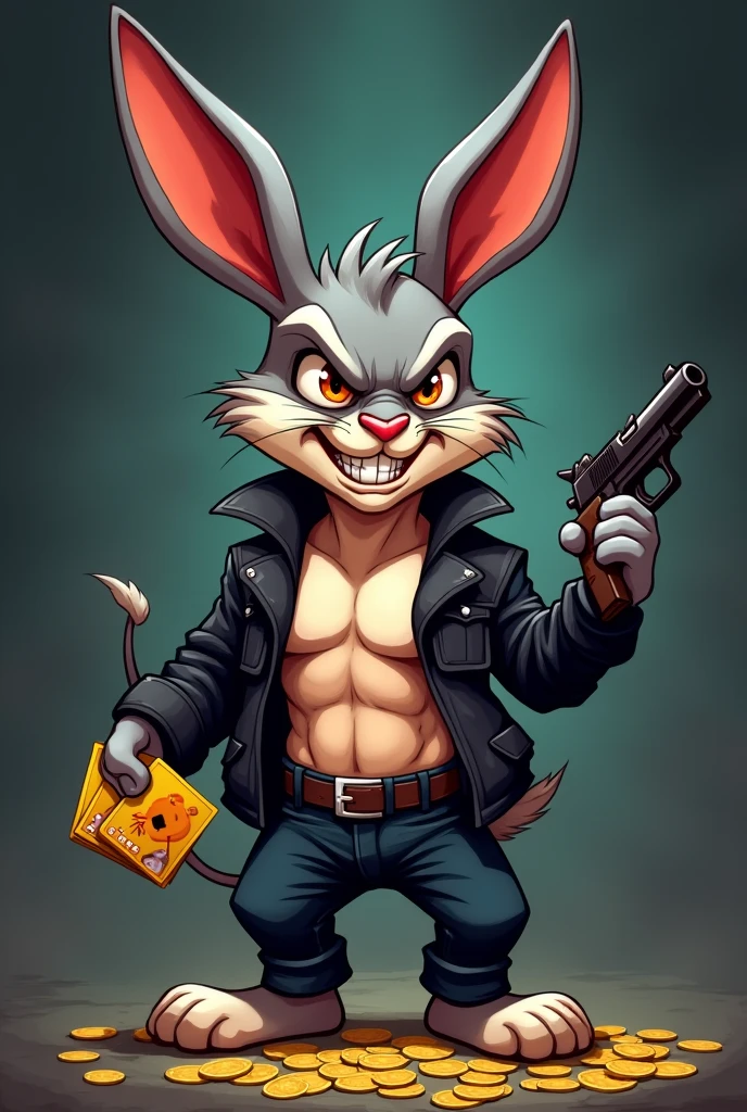 cartoon rabbit devil face ,bandit, black jacket, shirtless, ABS, Golden cards, gun in hand