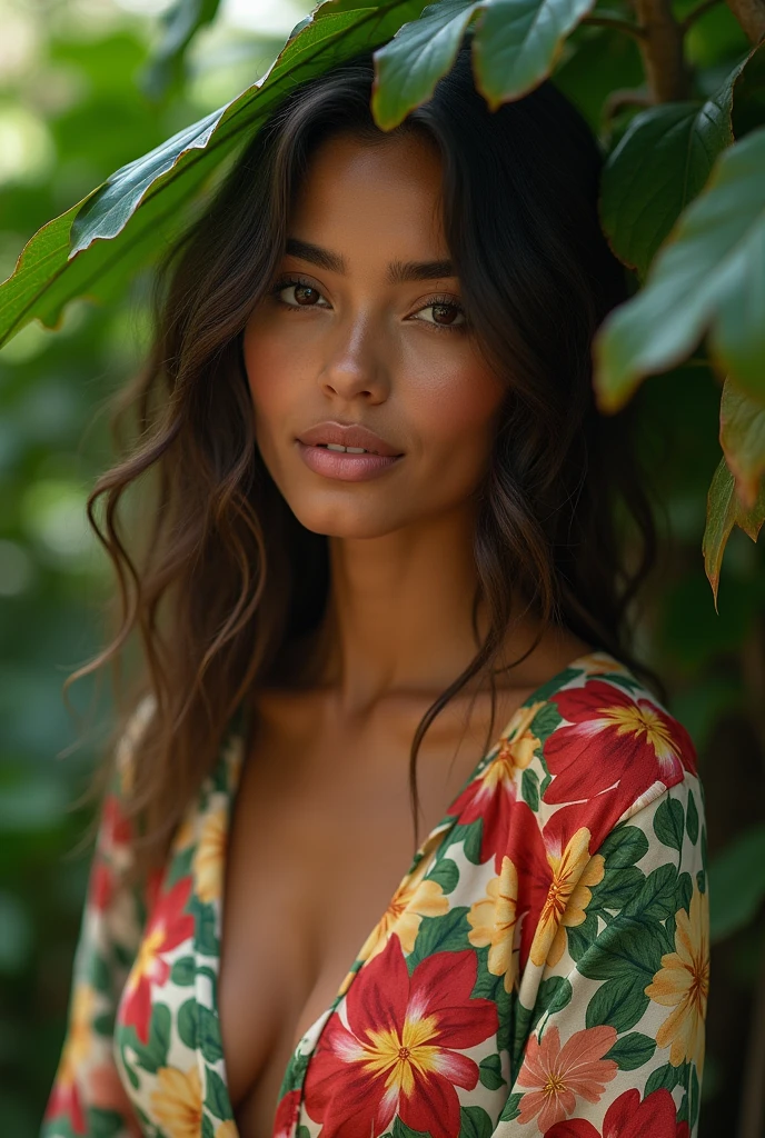 A Brazilian woman in a lush tropical garden, wearing an open shirt with a floral print, with a close-up capturing the harmonious beauty between her breasts and the natural flowers, showing off your natural charm and outgoing personality.