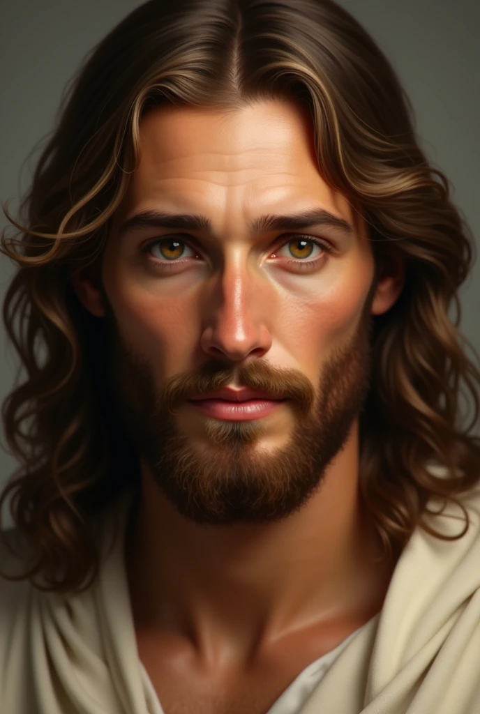 Jesus staring at you with light brown eyes happy