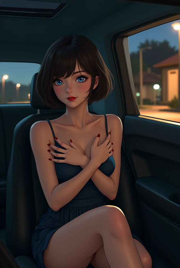 Cute eighteen year old, passenger seat of car, short dress, low cut top, brunette, young, eye contact, nighttime, street lights, smiling, smile, young girl, thin legs, skinny, short skirt, eighteen, sweet, parking lot, closed mouth, mouth closed, slim, tiny body, 18, blonde, bright blue eyes, red lipstick, short hair, parked outside house, photo real, photorealistic, leaning towards camera, cupping boobs
