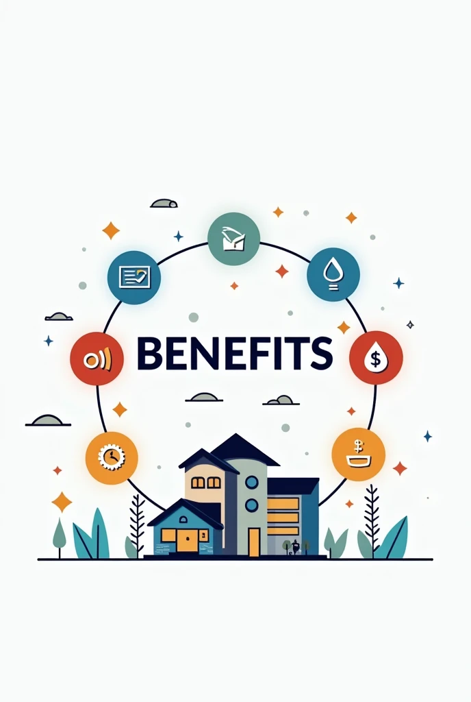In Central Write Word Benefits and all Circle write this benefit and also mantion specific image for specific benefit with benefit name - this are the benefits
1. Diversification
2. Income Generation
3. Liquidity
4. Professional Management
5. Access to Large-Scale Properties
6. Tax Benefits
7. Inflation Protection.
8. High Dividend Yields