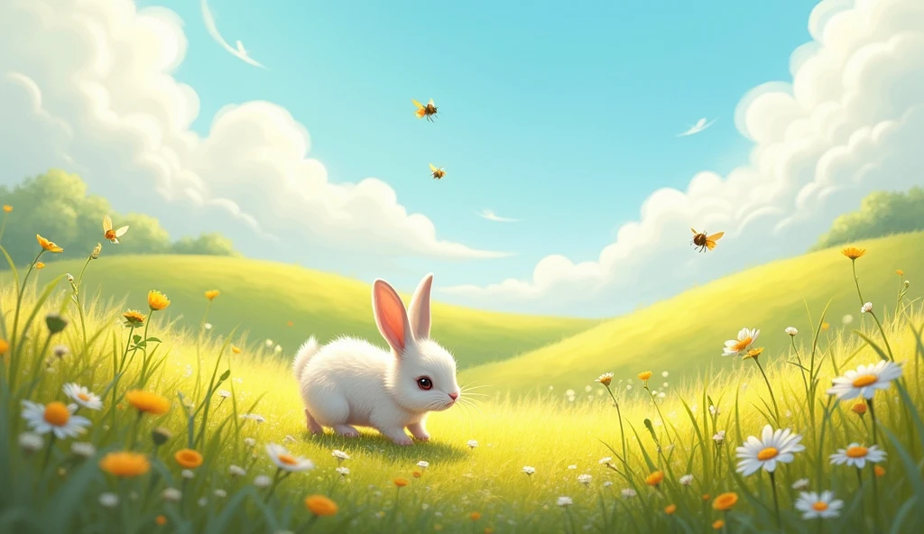 In a sunny meadow, a little rabbit named Pip loved to explore. 