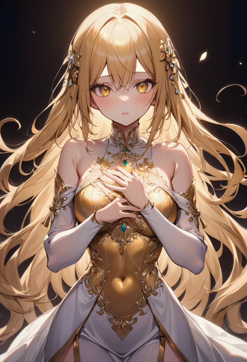 Anime girl with long straight golden hair,golden eyes, detailed body, detailed eyes, masterpiece, best quality, aesthetic, standard pose