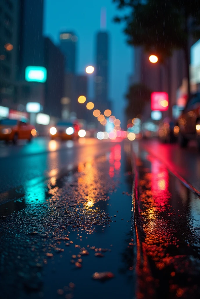 A rainy night scene in a bustling city, captured from a low angle near the street level. The pavement is wet, reflecting the colorful bokeh lights from nearby traffic and buildings. The atmosphere is moody and serene, with blurred outlines of skyscrapers and distant streetlights in the background, creating a sense of depth and tranquility
